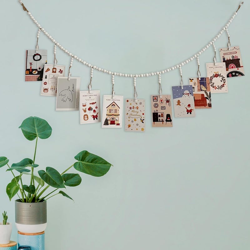 Kintyno Hanging Photo Display with 22 Clips, White Wooden Bead Garland, Boho Style Collage Photo Frame Decoration for Dorms, Classrooms, Bedrooms - Image 3